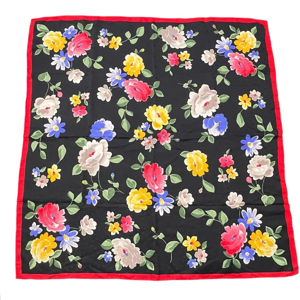 Floral Silk Scarf Bright Colorful Pattern Flowers on Black 34 in Sq Vintage 90s